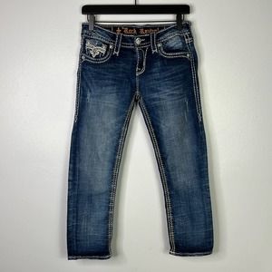 ROCK REVIVAL Arisa Embellished Bling Flap Back Pockets Crop Jeans Womens 26